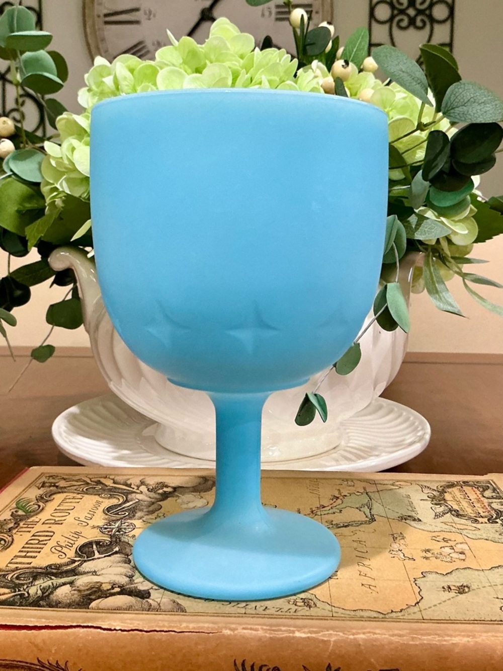 Vintage Light Blue Frosted Goblet Glass - Home Dining